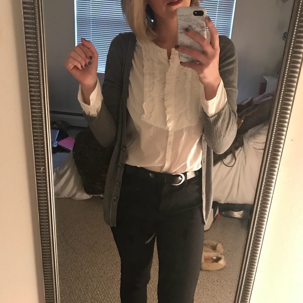 J Crew ruffle-front button down